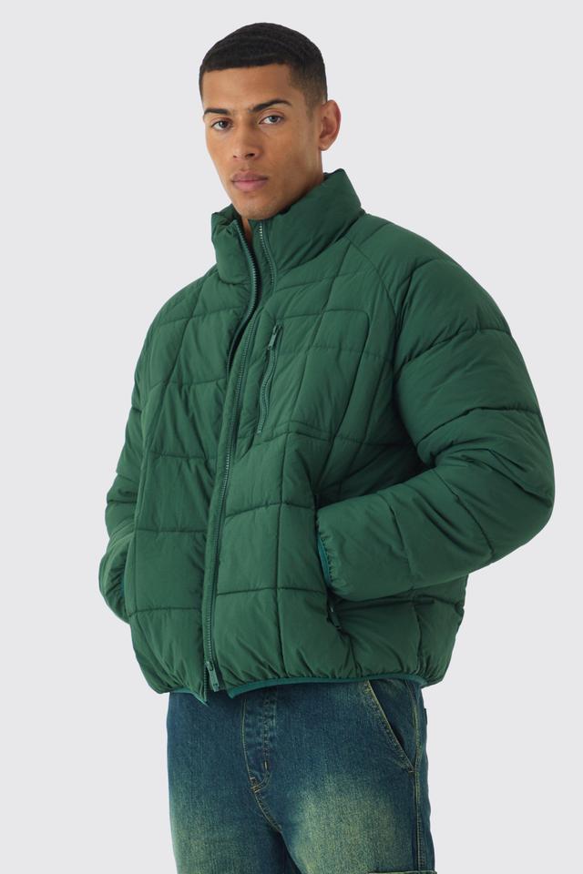 Quilted Funnel Neck Puffer Coat In Green | boohooMAN USA Product Image