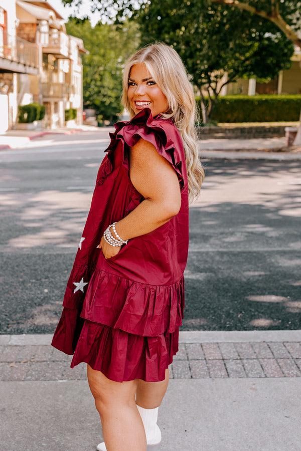 Under The Stadium Lights Ruffle Mini Dress in Maroon Curves Product Image