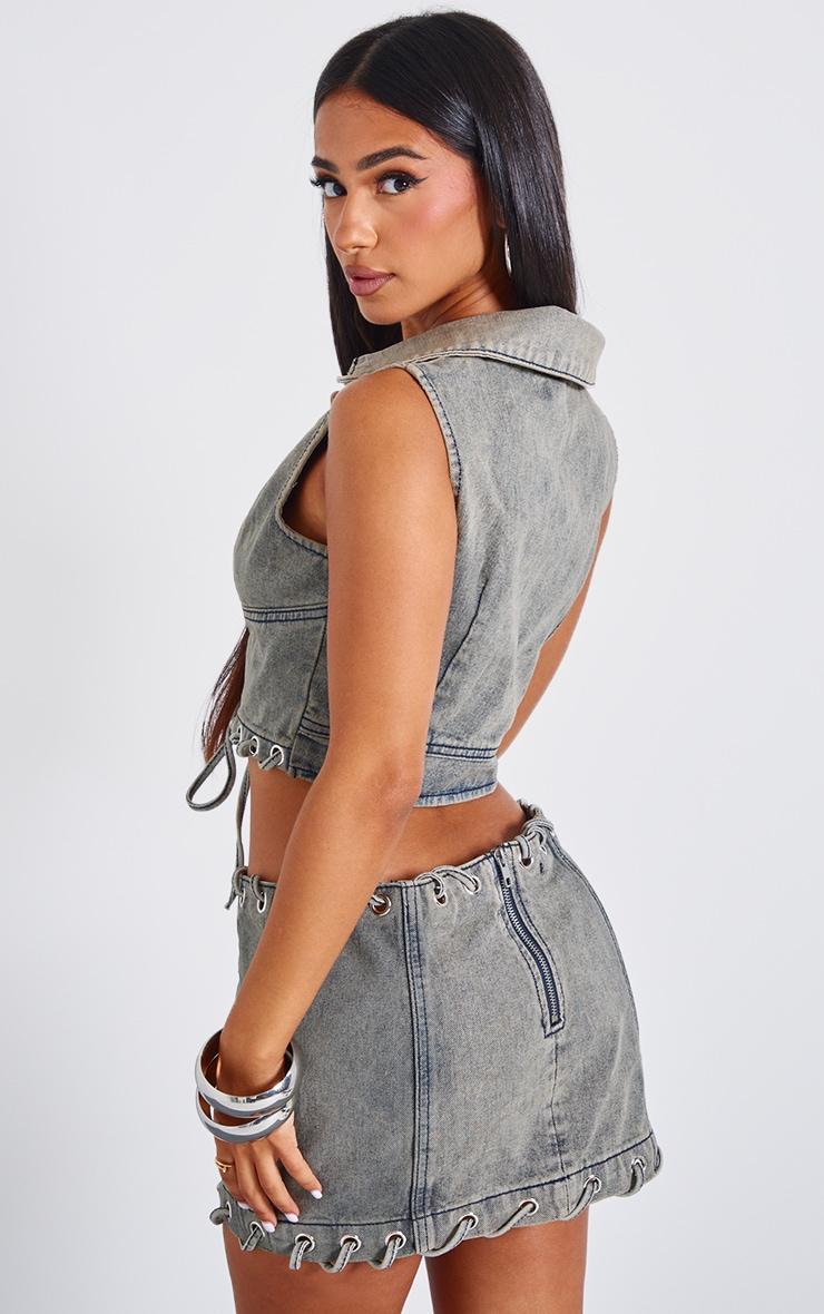 Petite Washed Grey Denim Lace Up Crop Top Product Image