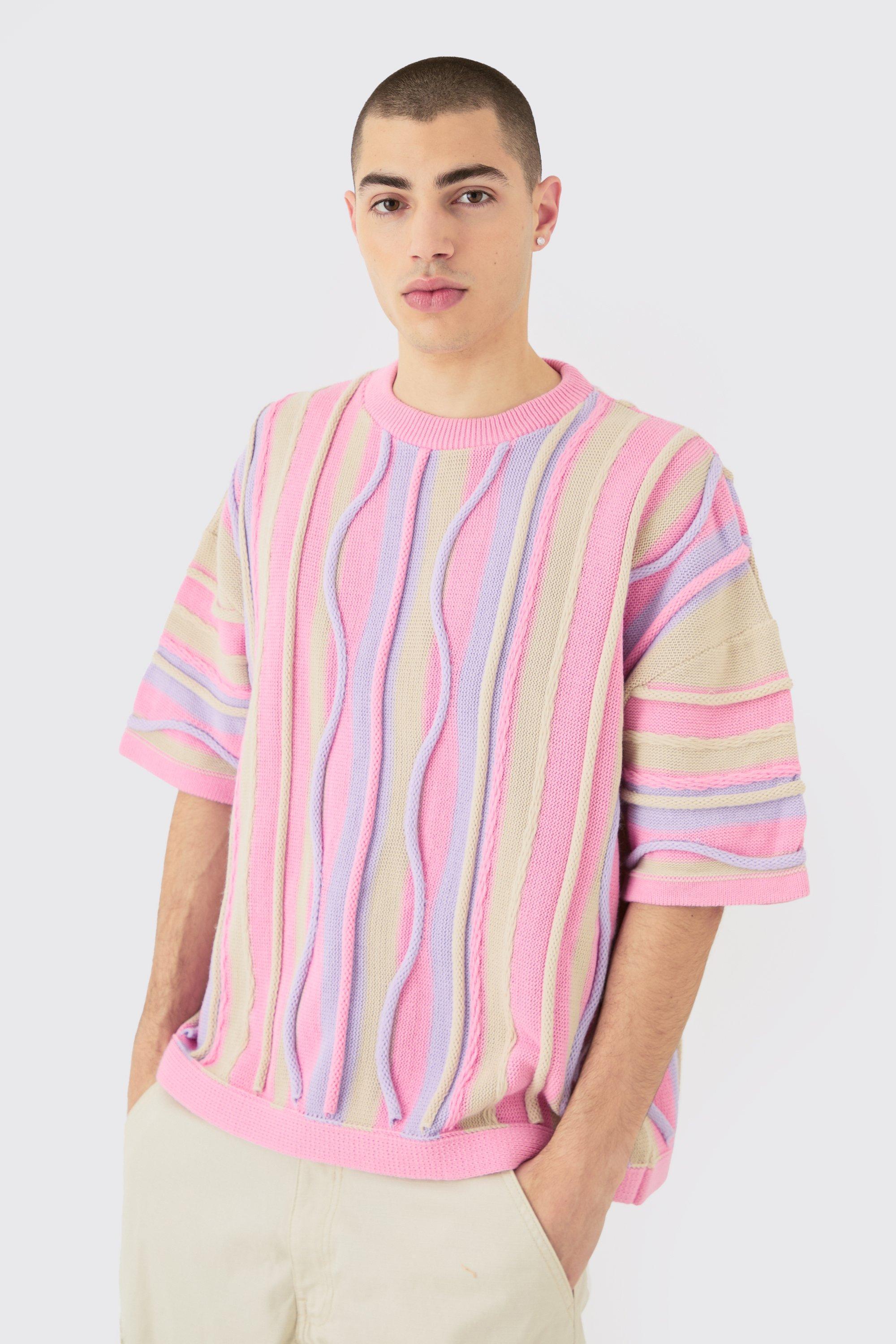 Mens Pink Oversized 3D Jacquard Knit T-shirt, Pink Product Image