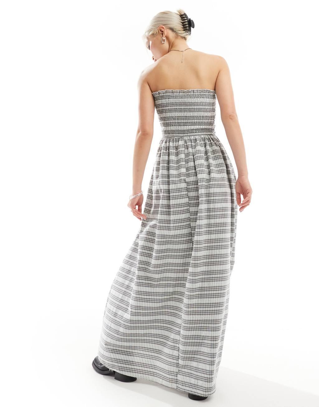 Daisy Street shirred bust maxi dress in textured plaid with rosette detail Product Image