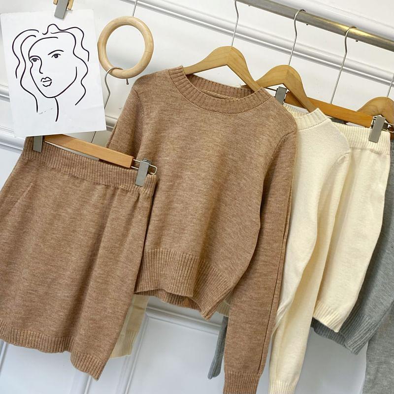 Set: Long-Sleeve Crew Neck Plain Knit Top + High Rise Mini Pencil Skirt Product Image