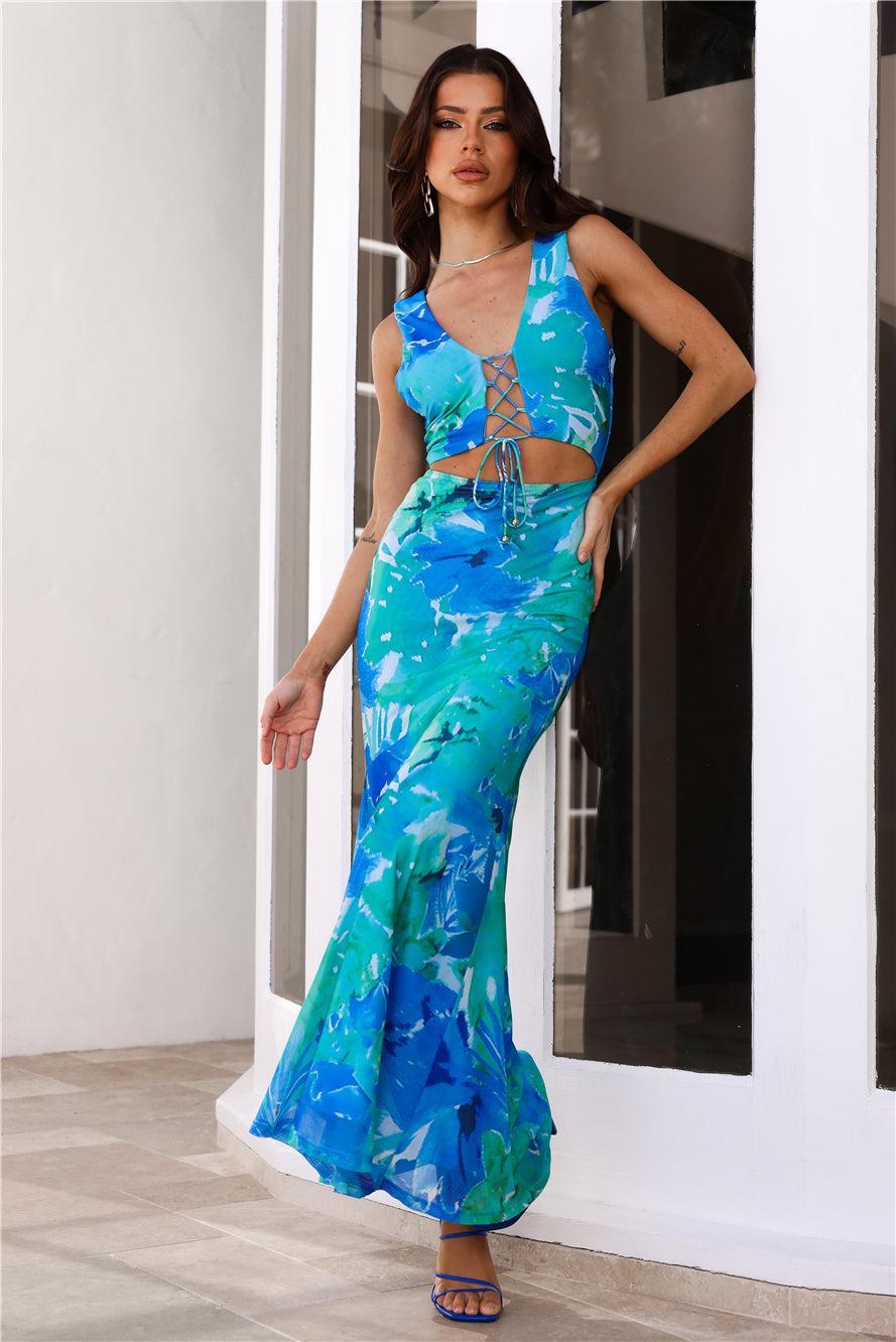 Refreshing Splash Mesh Maxi Dress Blue Product Image