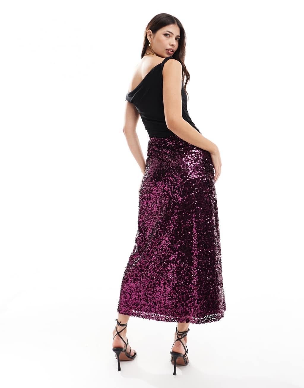 ASOS DESIGN sequin maxi skirt in burgundy Product Image