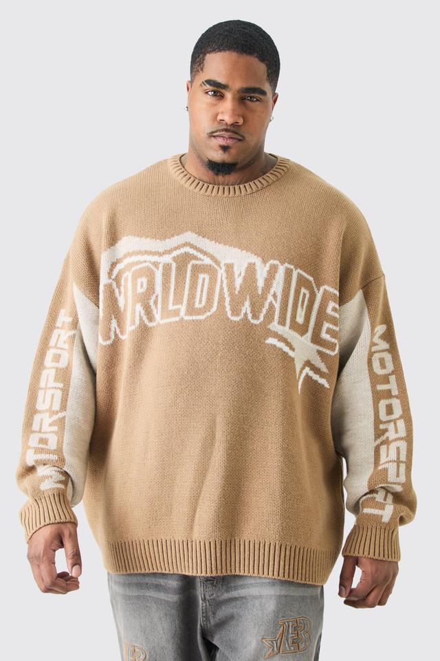 Mens Beige Plus Oversized Knitted Wrldwide Drop Shoulder Jumper In Taup, Beige Product Image