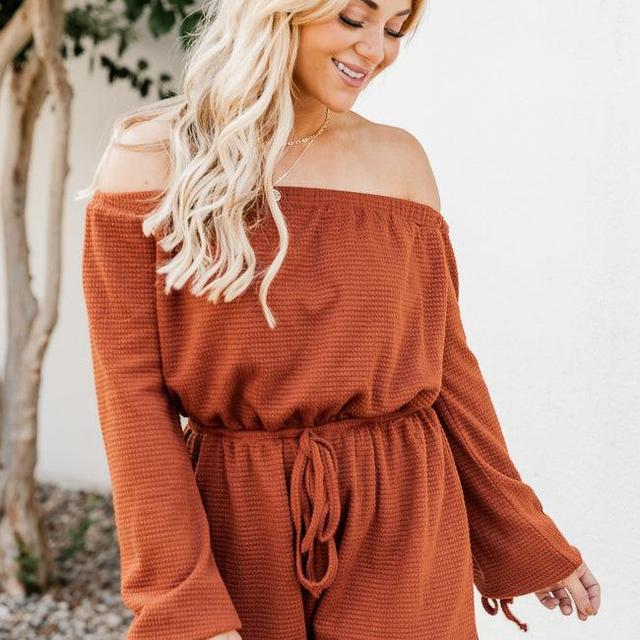 A Darling Day Rust Waffle Knit Off The Shoulder Romper FINAL SALE Product Image