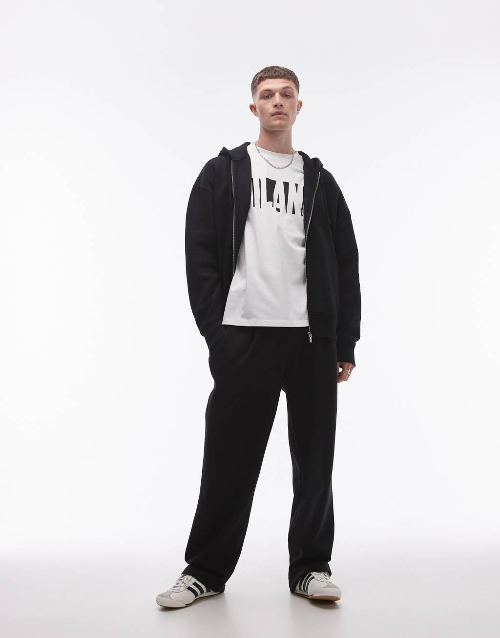 Topman pleat front straight leg sweatpants in black Product Image