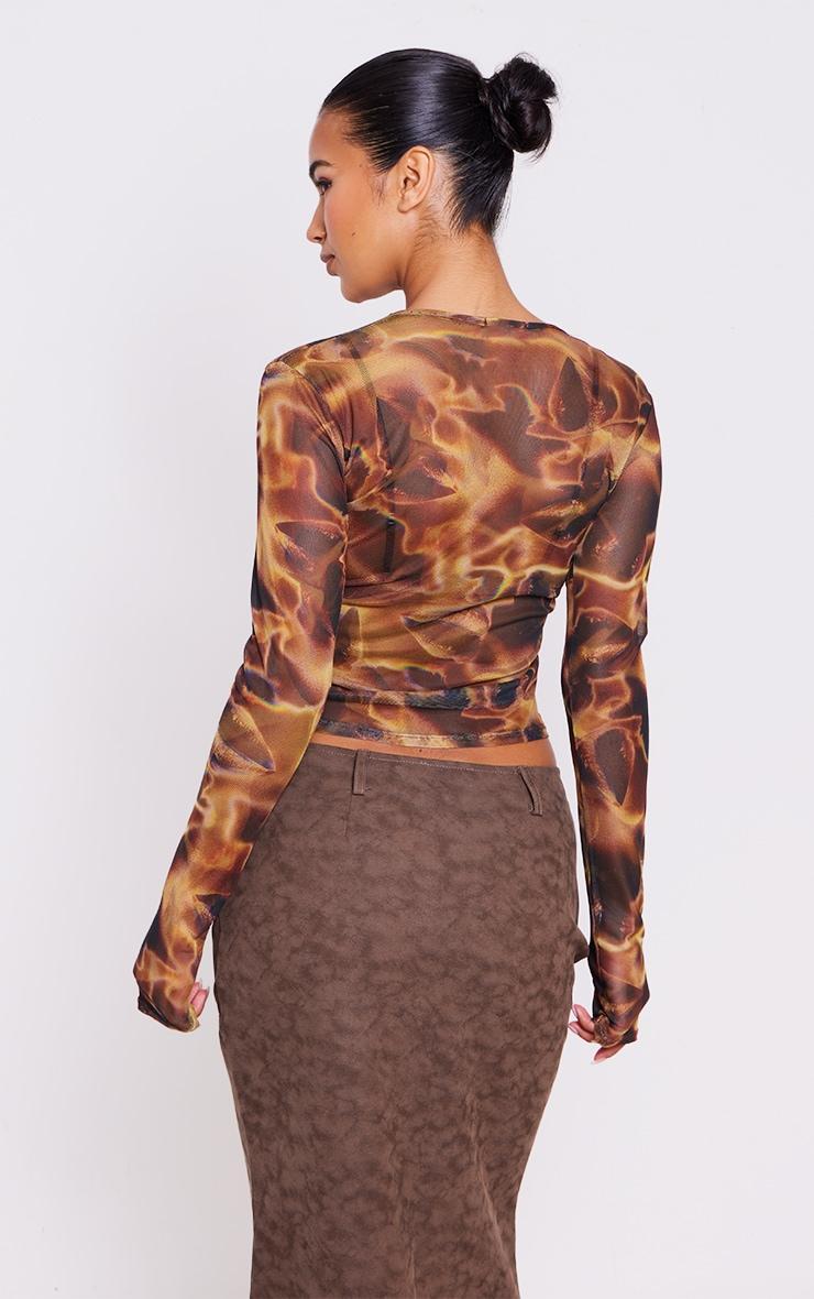 Brown Mesh Printed Long Sleeve Top Product Image