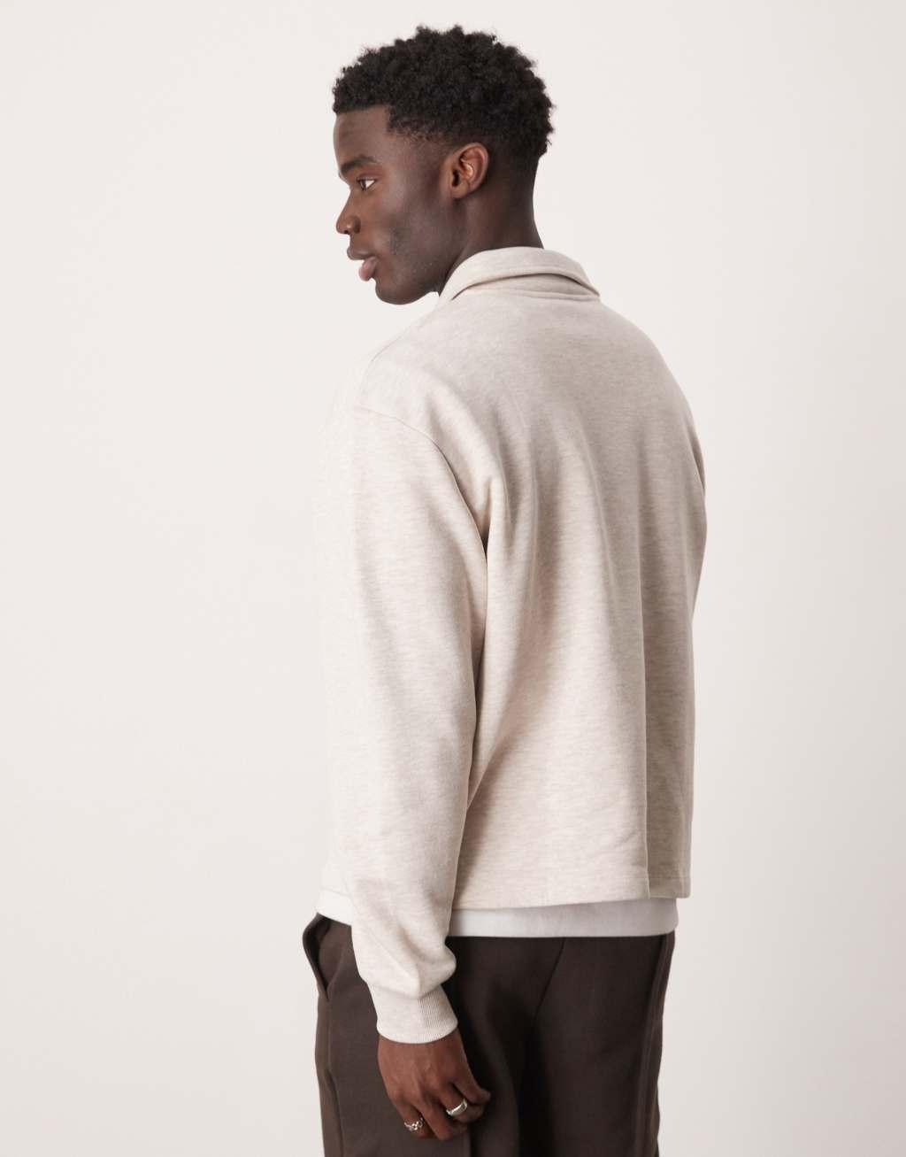 ASOS DESIGN boxy oversized polo sweatshirt with chest embroidery in oatmeal heather Product Image