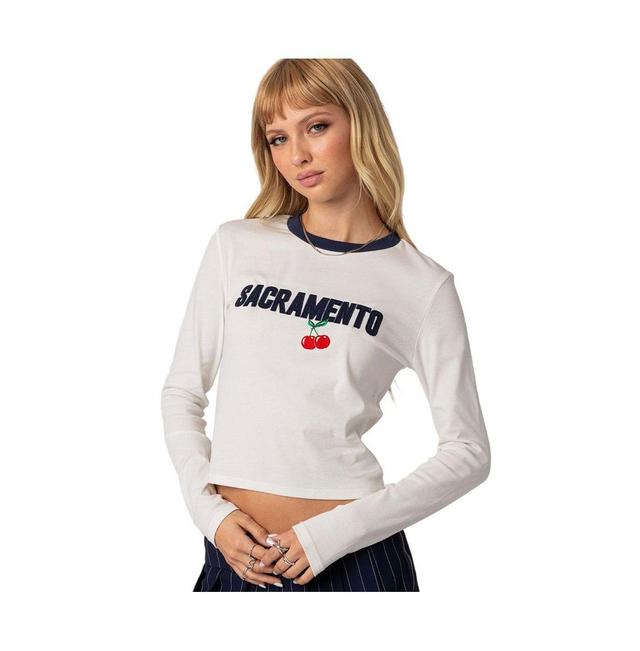 EDIKTED Sacramento Appliqu Long Sleeve Cotton Graphic Crop T-Shirt Product Image