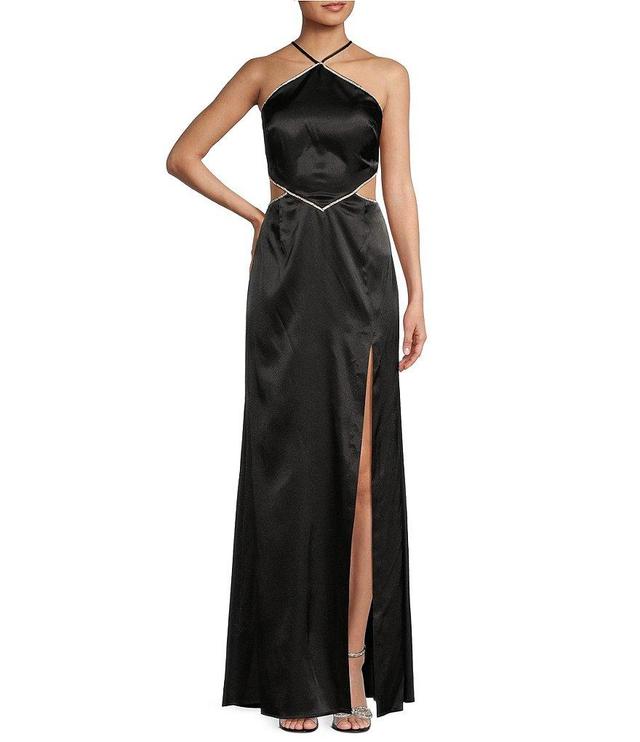 Morgan & Co. Satin Rhinestone Trim Halter Neck Side Cut-Out Long Dress Product Image