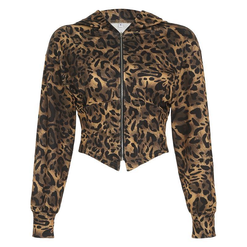 Long Sleeve Leopard Print  Zip-Up Crop Hooded Jacket Product Image