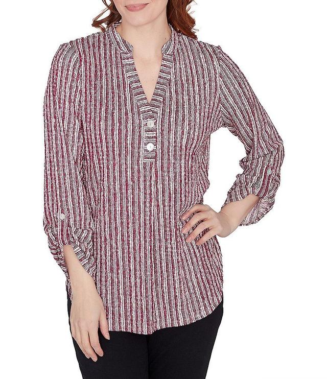 Ruby Rd. Crinkle Knit Band Split V-Neck Roll-Tab Sleeve Two Button Front Placket Tunic Product Image