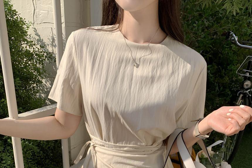 Short-Sleeve Round Neck Plain Asymmetrical Sashed Midi A-Line Dress Product Image