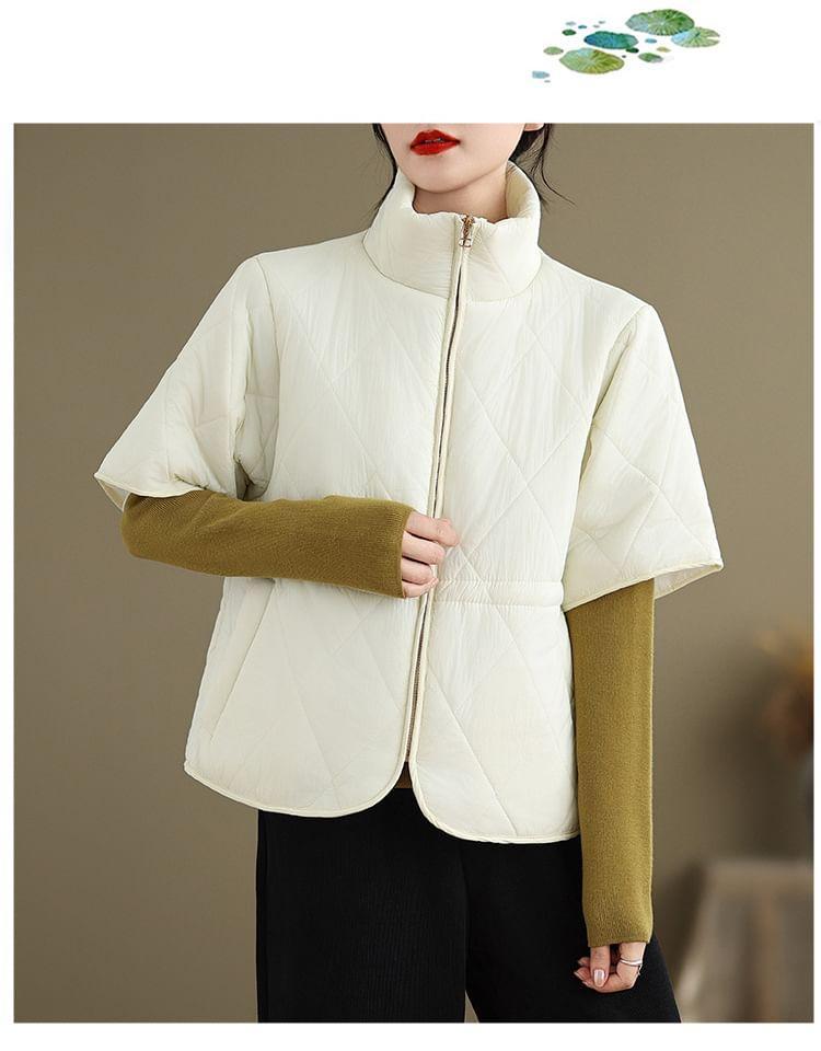 Short Sleeve Stand Collar Plain Quilted Drawstring Waist Zip Jacket Product Image