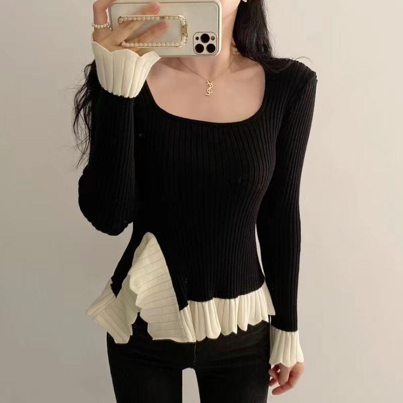 Long-Sleeve Square Neck Two Tone Top Product Image