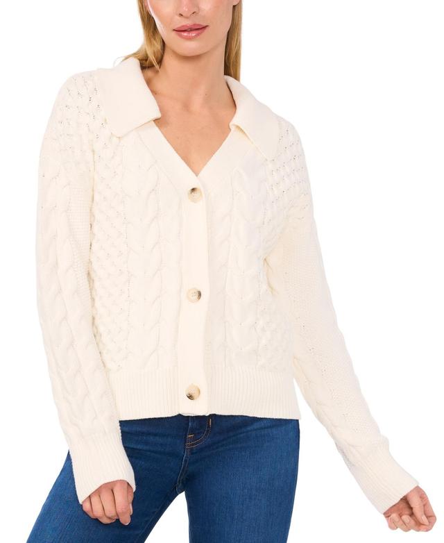 CeCe Womens Collared Cable-Knit Cardigan Product Image