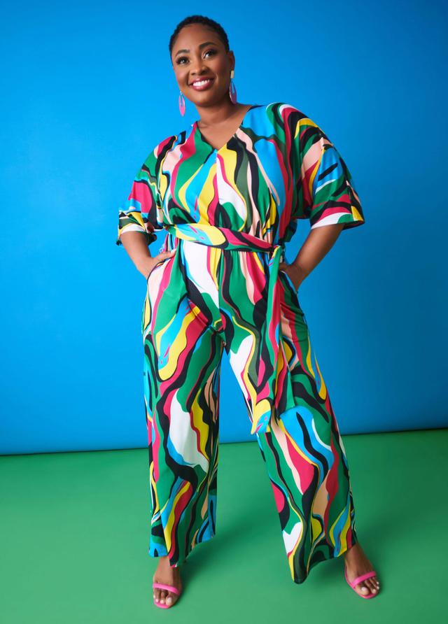 Plus Size Belted Watercolor Print Jumpsuit Ashley Stewart Product Image