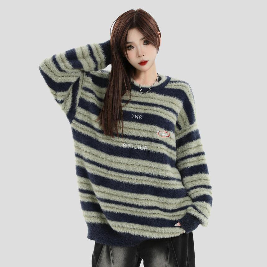 Crewneck Striped Lettering Sweater Product Image