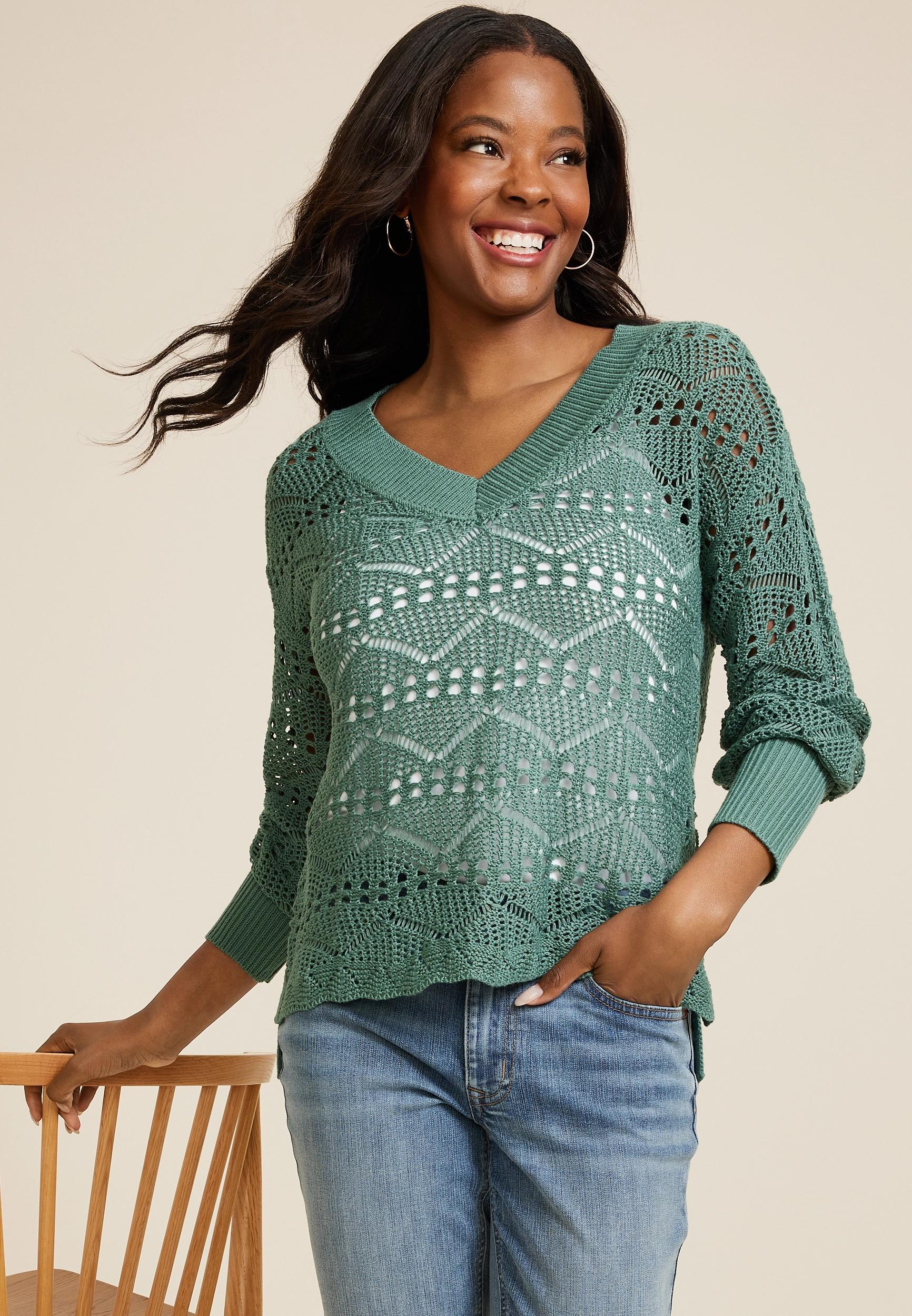 Maurices Womens Open Stitch V Neck Sweater Green Size XX Large Product Image