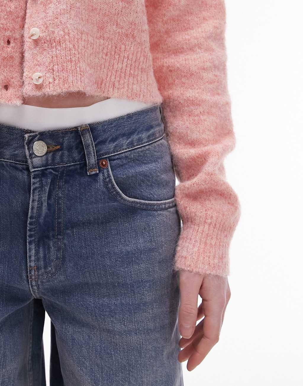 Topshop low rise cinch jeans in mid blue  Product Image