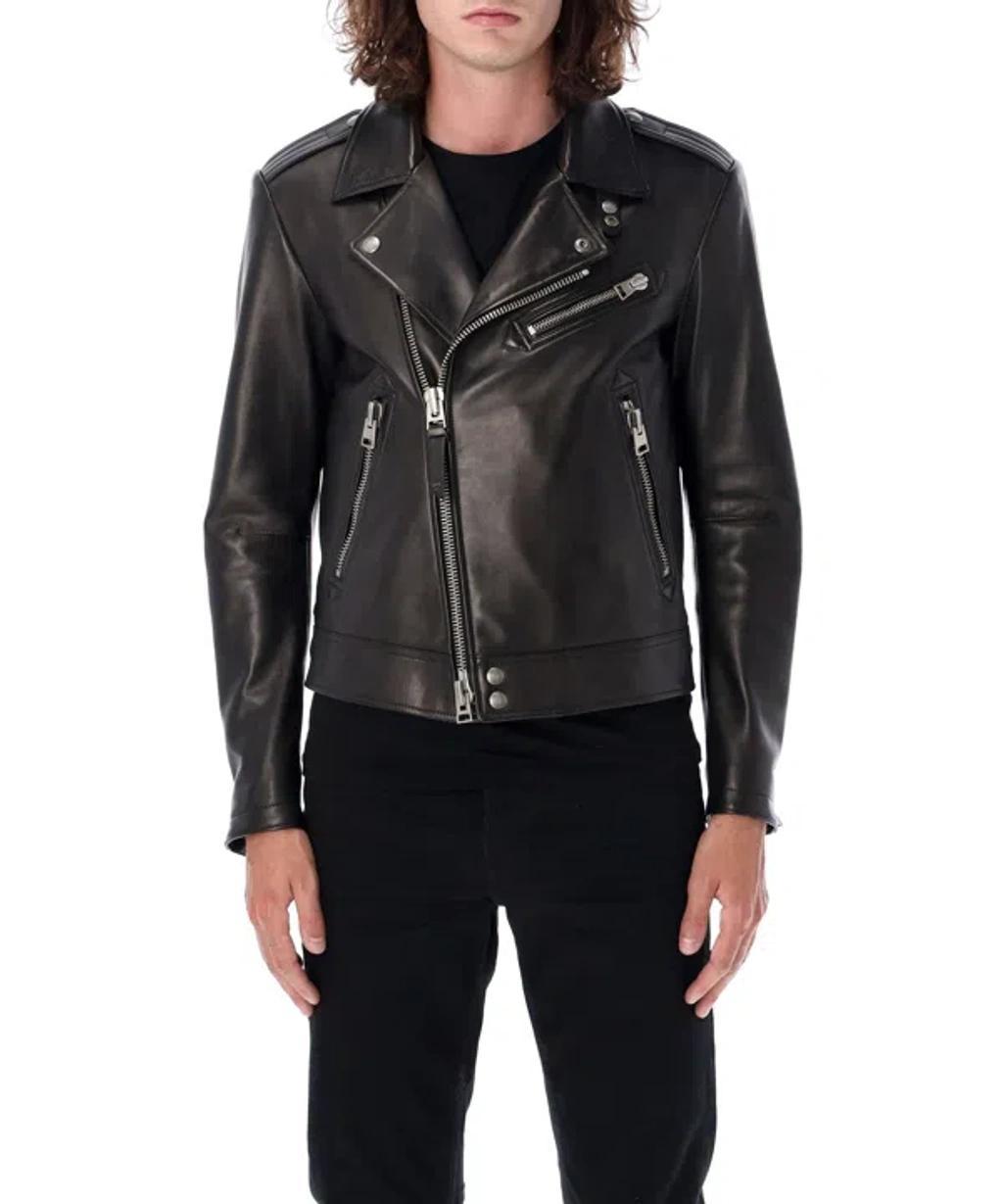 Quilted Lining Lambskin Leather Biker Jacket In Black Product Image