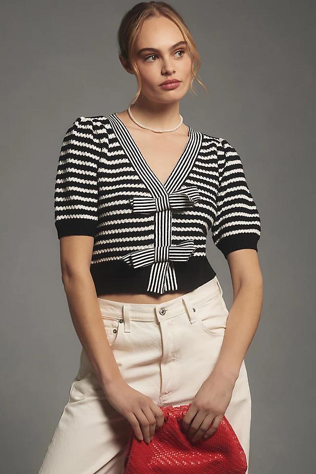 Maeve Short-Sleeve Striped Bow Cardigan Sweater Product Image