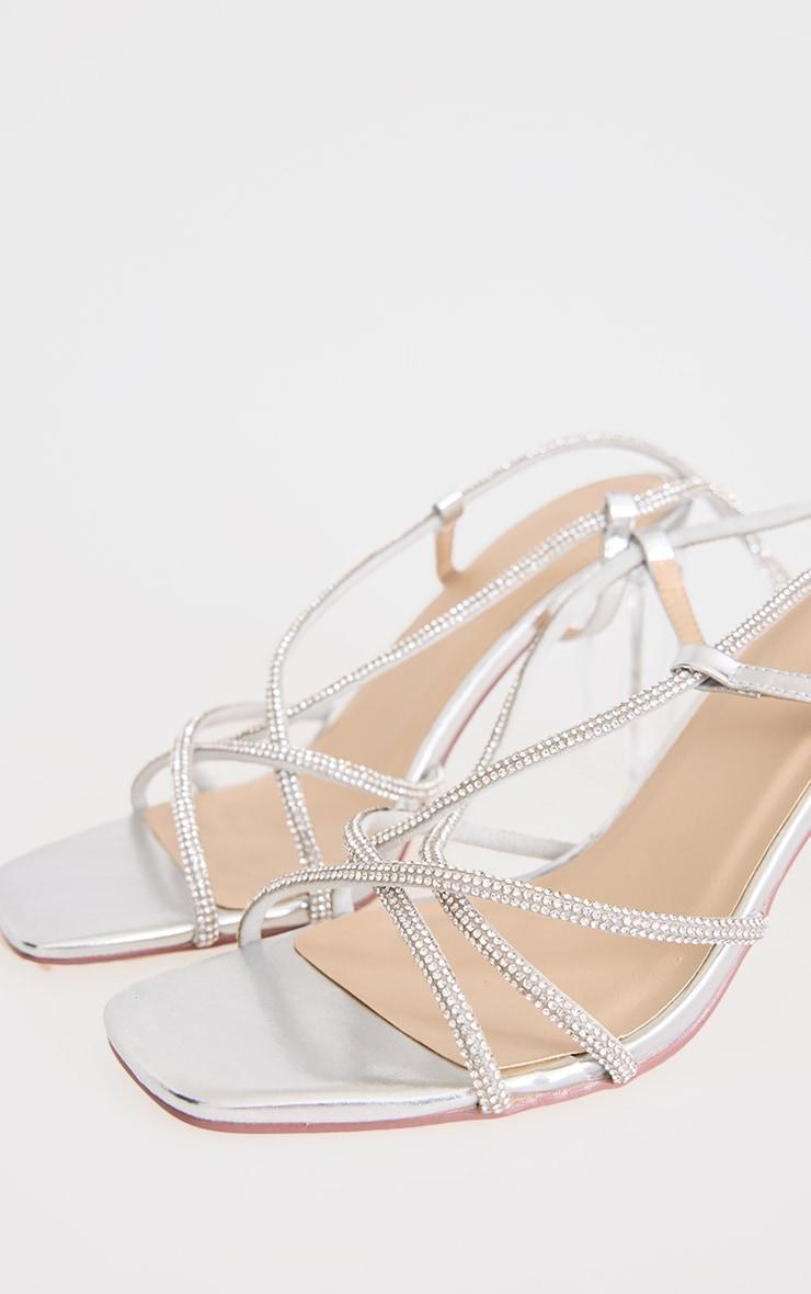 Silver PU Diamante Cross Strap Lace Up Clear High Block Heeled Sandals Product Image