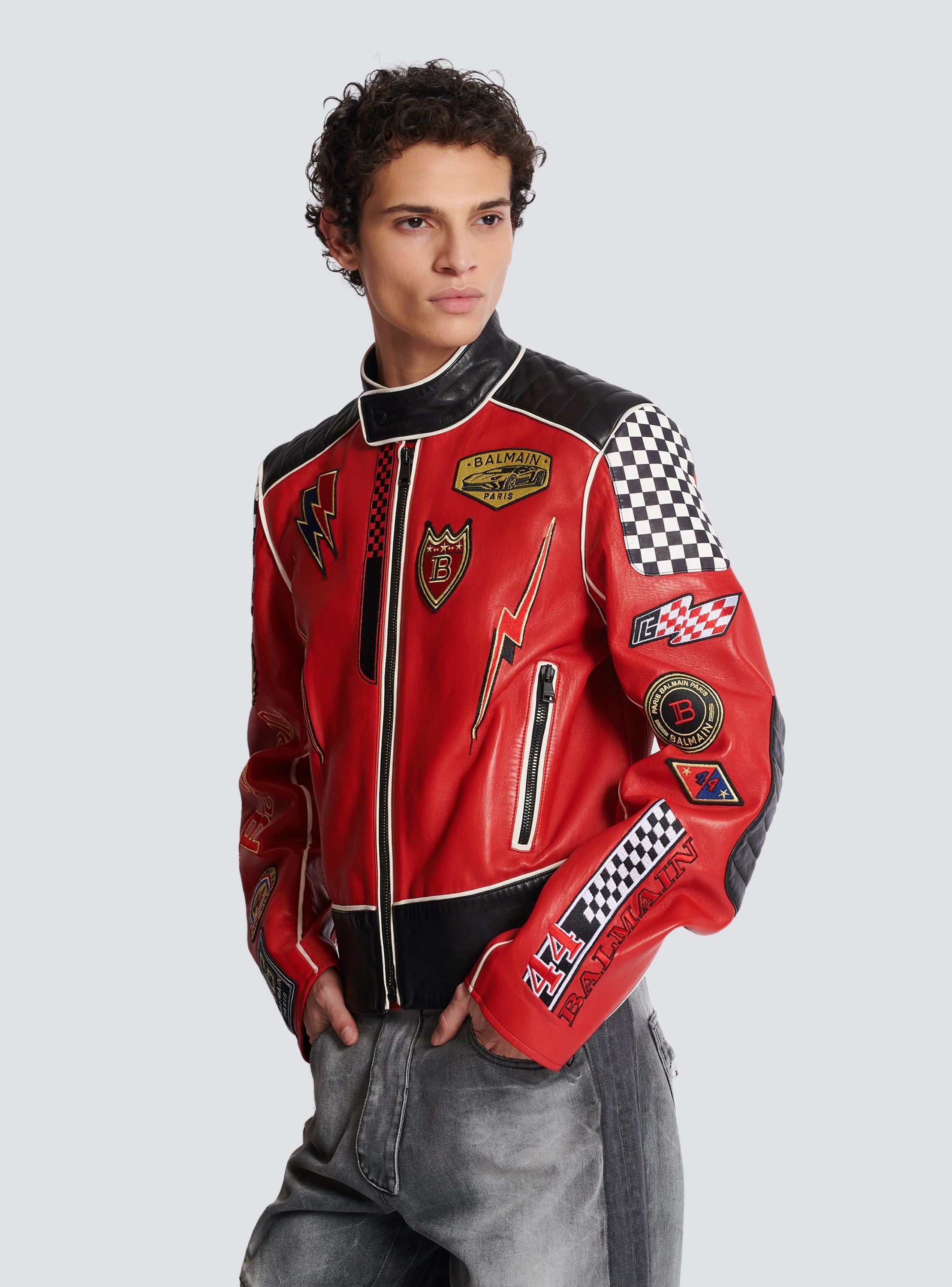 Lambskin jacket with Balmain Racing patches Product Image