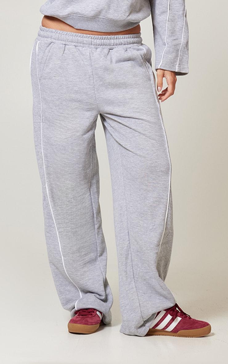 Grey Marl Contrast Piping Detail Wide Leg Sweatpants Product Image