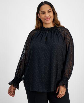 Plus Size Clip-Dot Ruffled-Trim Blouse Product Image