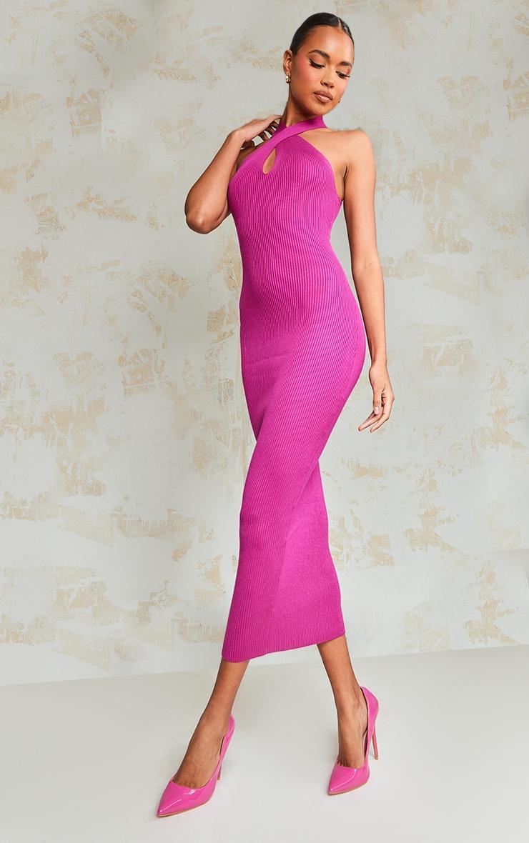 Lipstick Pink Plunge Twist Maxi Knitted Dress Product Image