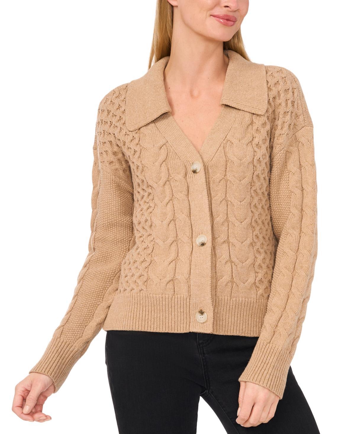 CeCe Womens Collared Cable-Knit Cardigan Product Image