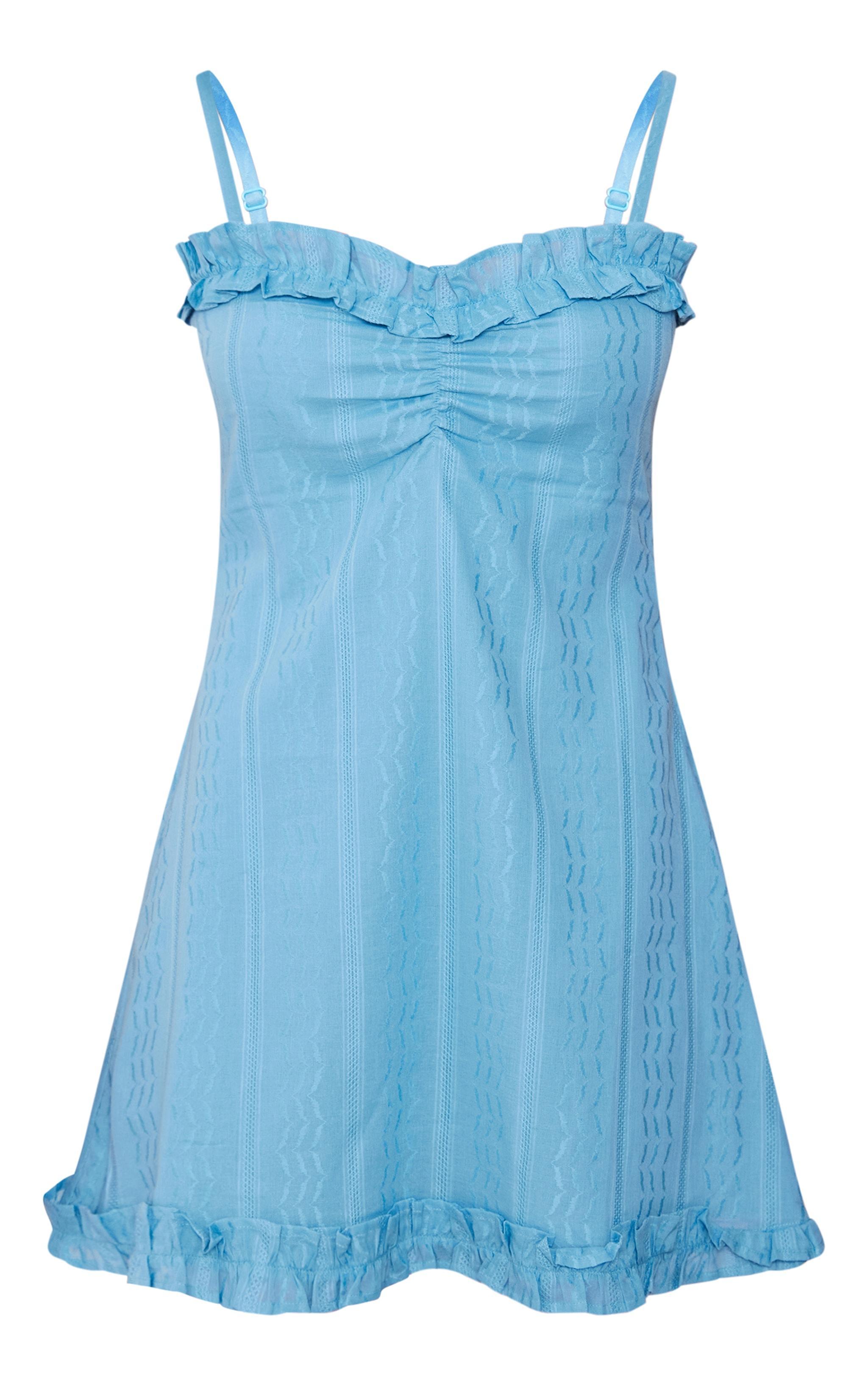 Light Blue Textured Cotton Frill Detail Shift Dress Product Image