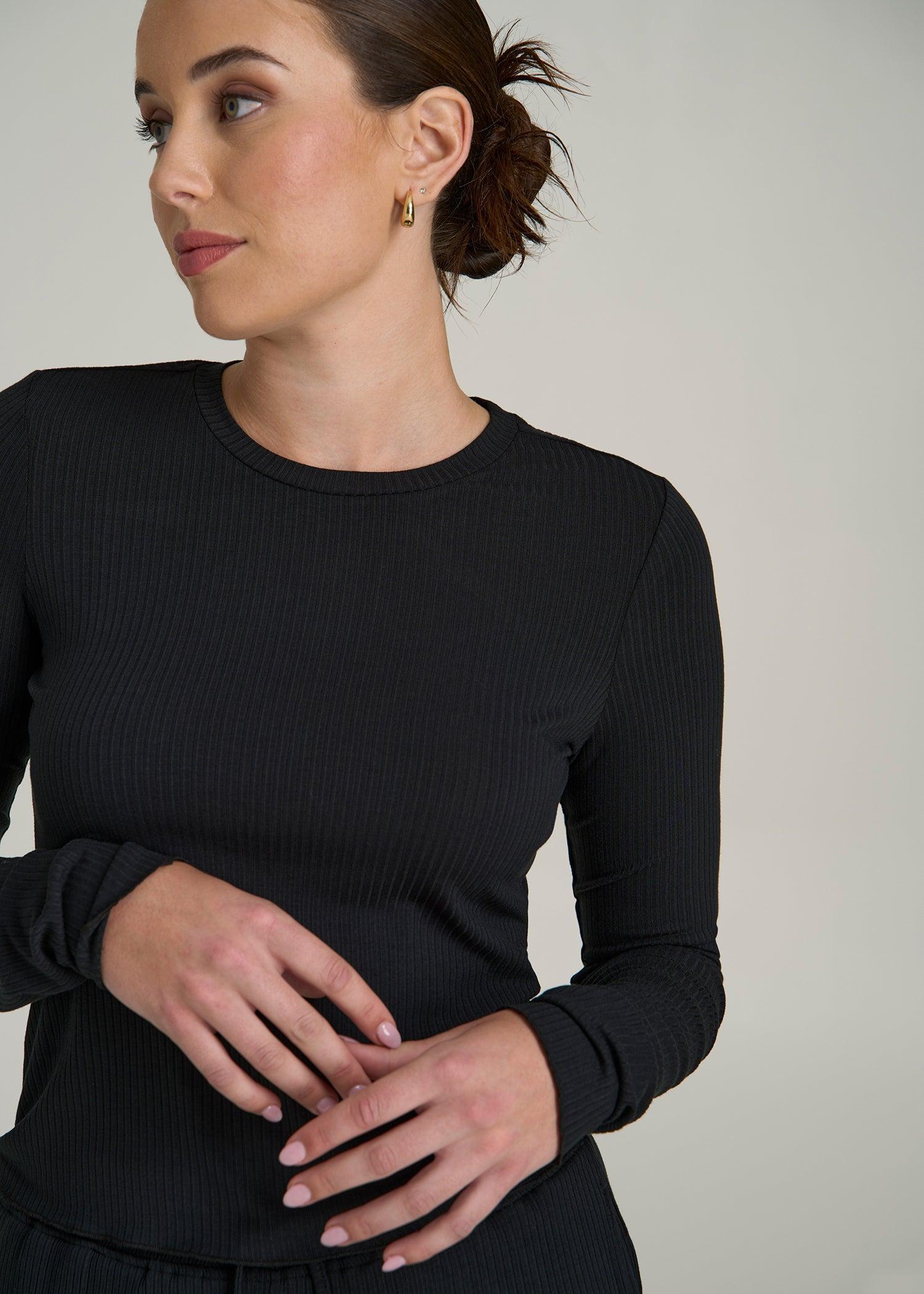 Lightweight Ribbed Cropped Lounge Shirt for Tall Women in Black Female Product Image