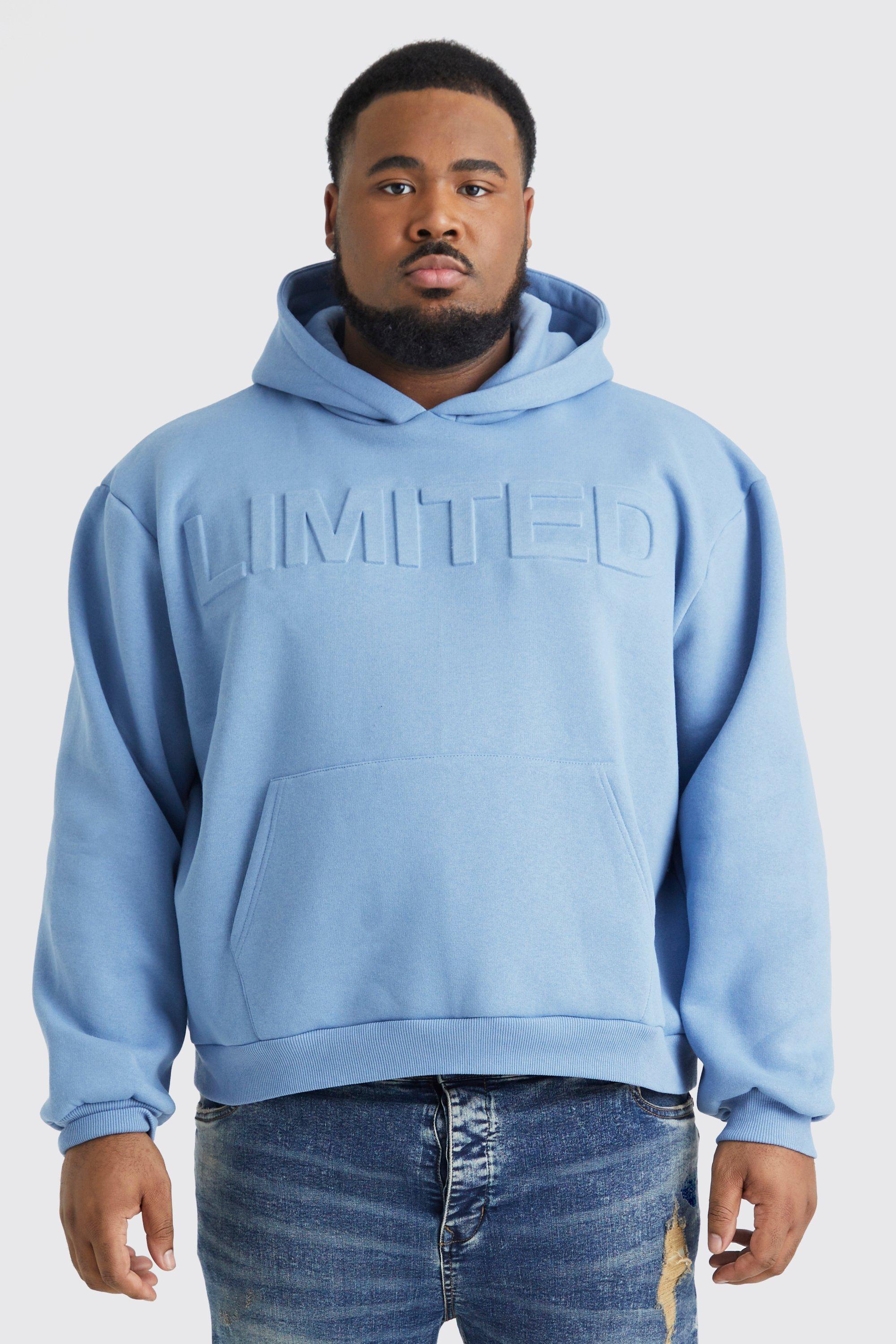 Mens Blue Plus Oversized Boxy Limited Embossed Hoodie, Blue Product Image