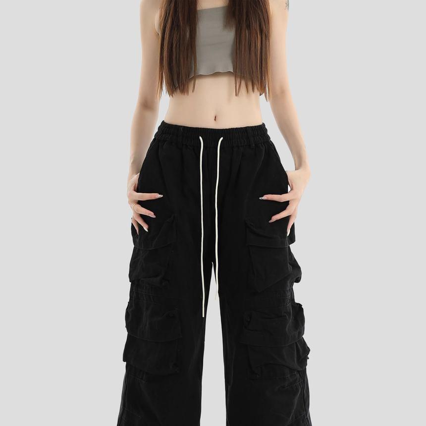 Drawstring Waist Plain Wide Leg Cargo Pants Product Image