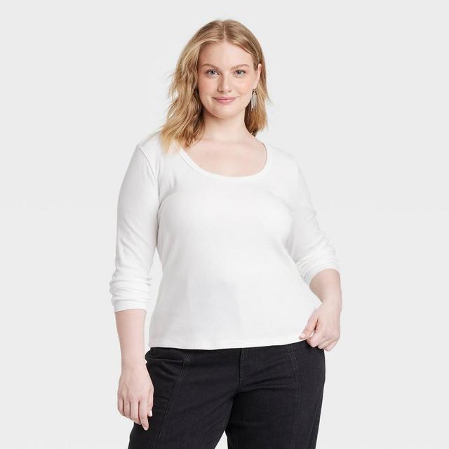 Womens Long Sleeve Rib Scoop Neck T-Shirt - Universal Thread White 1X Product Image