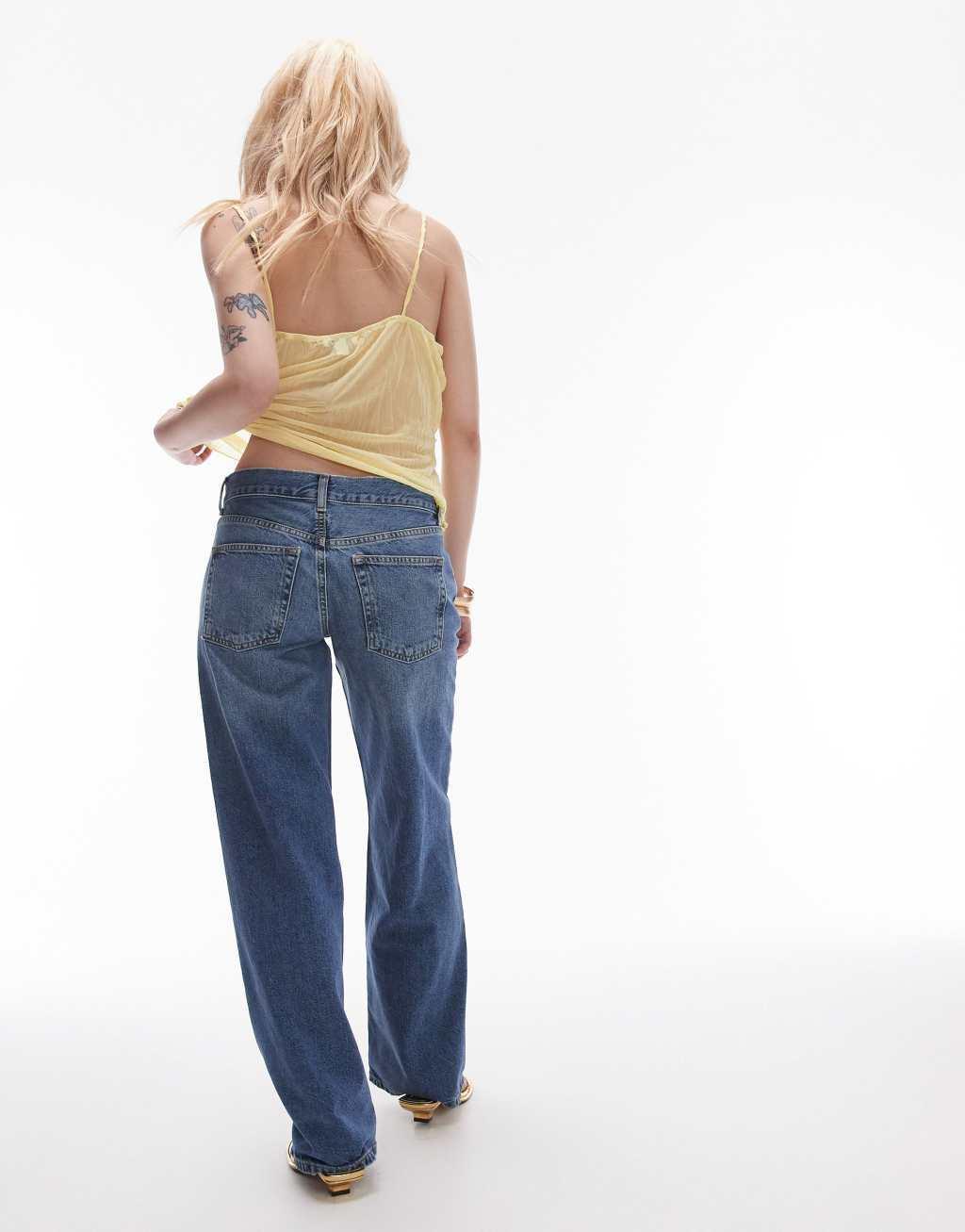 Topshop Petite Ember low rise wide leg jeans in mid blue Product Image