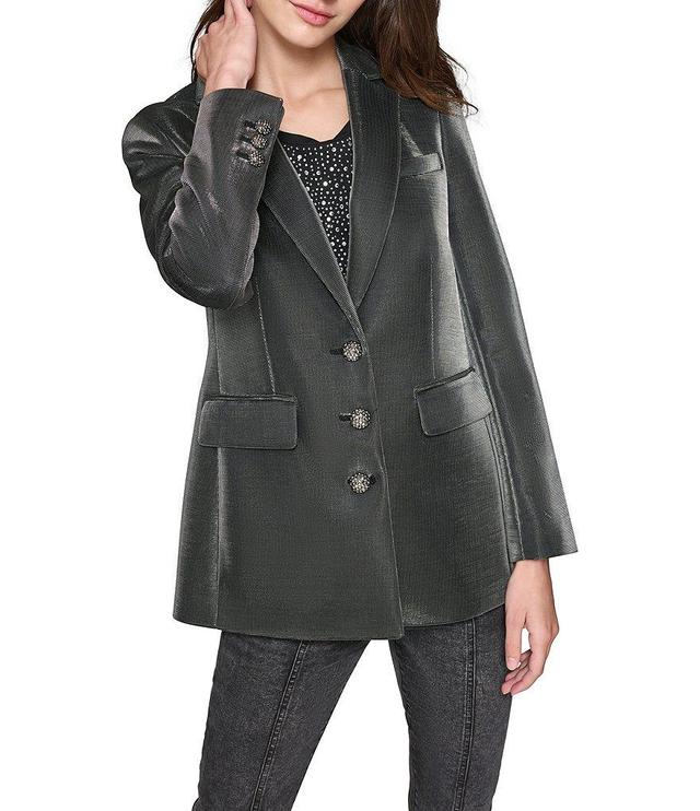 KARL LAGERFELD PARIS Metallic Gunmetal Notch Lapel Long Sleeve Embellished 3-Button Blazer Product Image