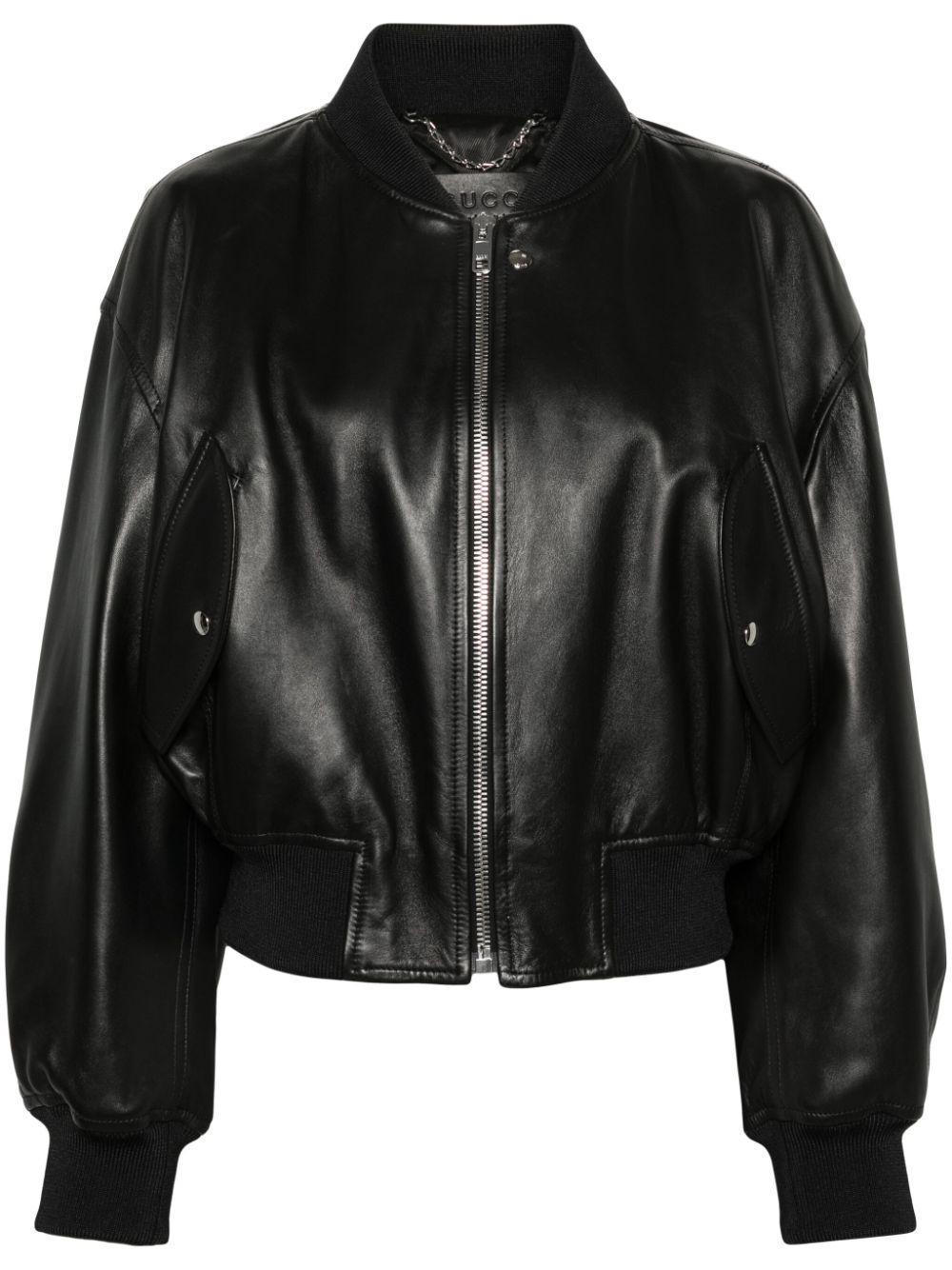 Cropped Leather Bomber Jacket In Black product image