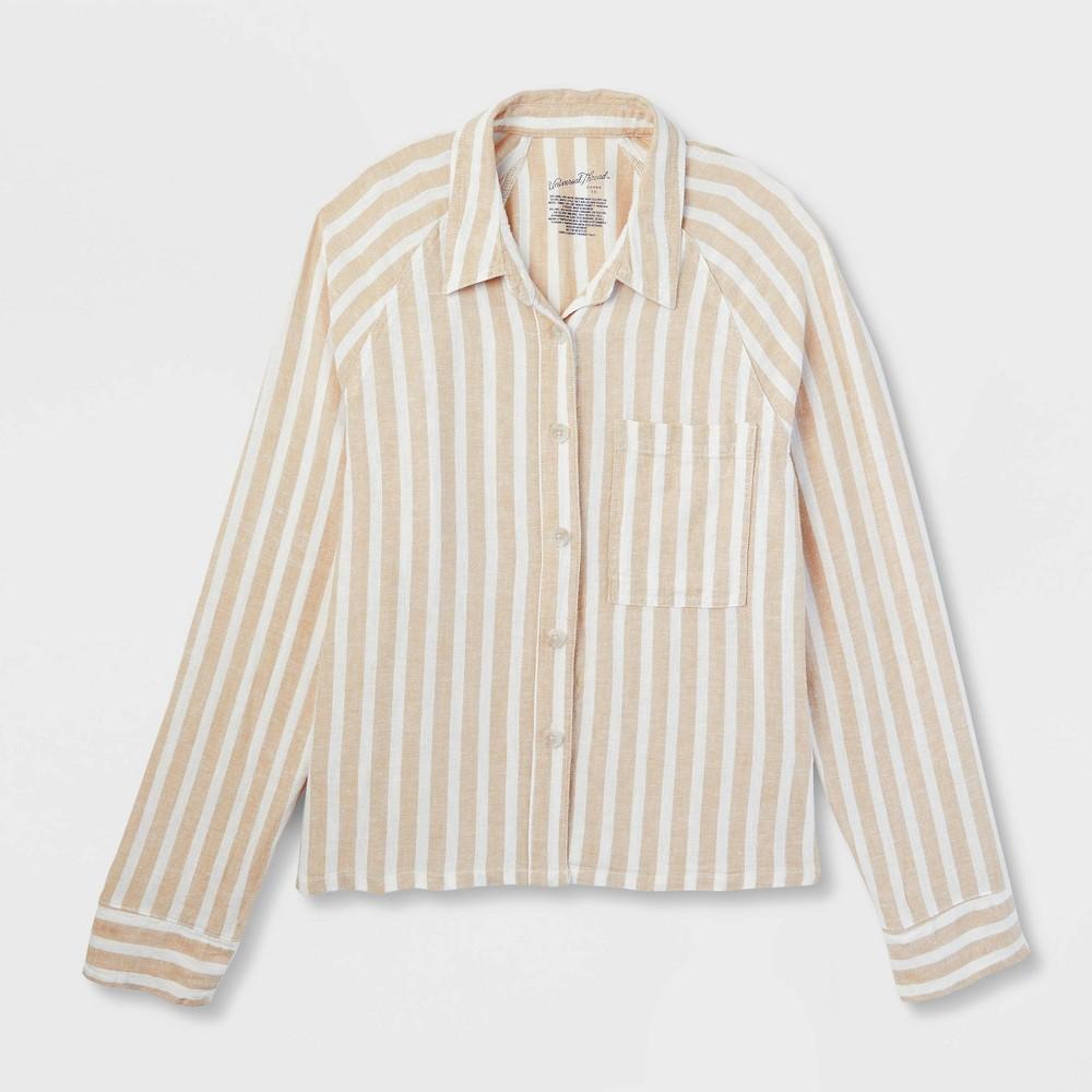 Womens Long Sleeve Adaptive Button-Down Shirt - Universal Thread Tan Striped XS Product Image