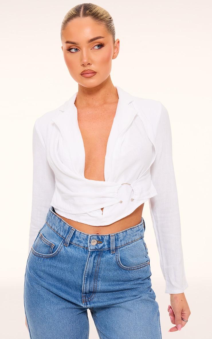 White Linen Look Ring Detail Shirt Product Image