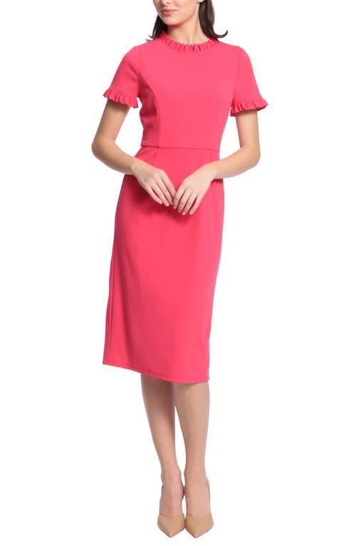 Maggy London Ruffle Mock Neck Short Sleeve Stretch Crepe Midi Pencil Sheath Dress Product Image