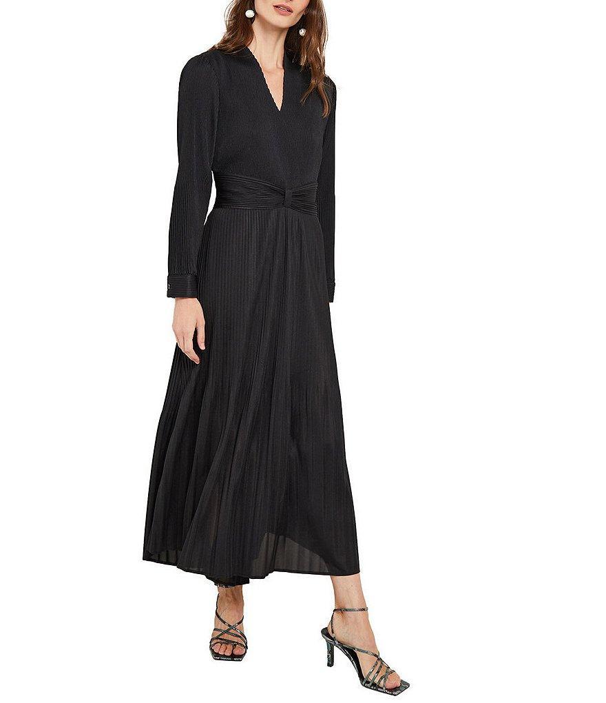 MISOOK Plisse Pleated Woven V-Neck Long Sleeve A-Line Maxi Dress Product Image