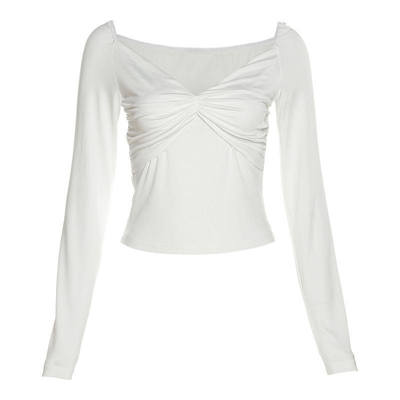 Long Sleeve Off Shoulder Plain See-Through Crop Top Product Image