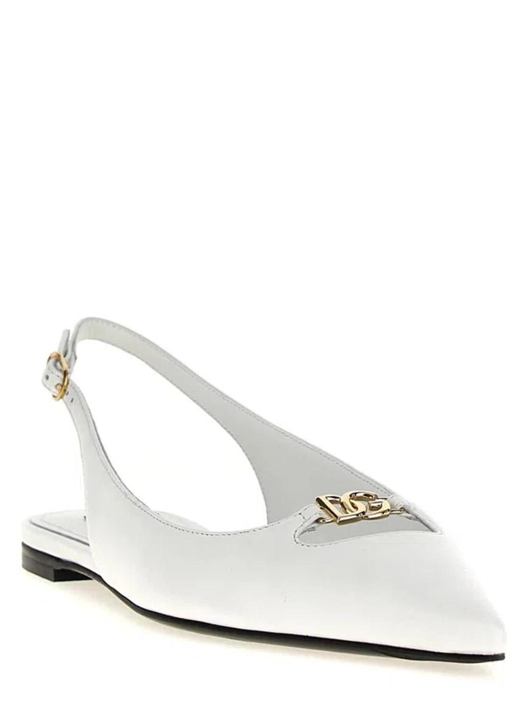 DOLCE & GABBANA 5mm Lollo Leather Slingback Flats In White Product Image