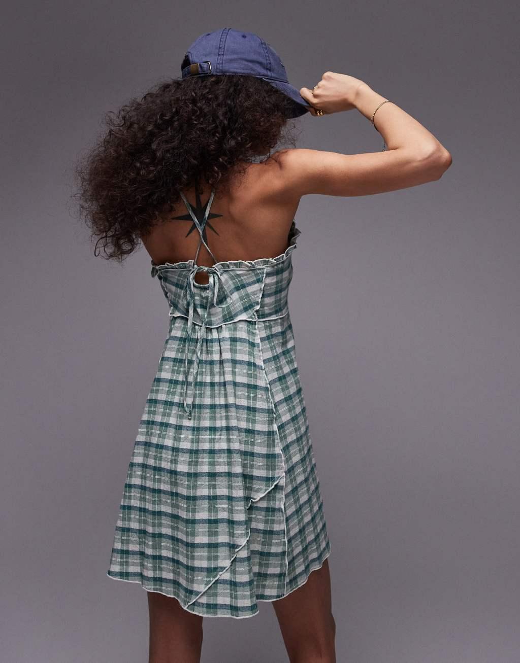 Topshop strappy ruched waist mini flippy dress in mint plaid Product Image