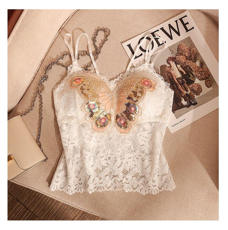 V-Neck Sequin Butterfly Lace Cami Top Product Image