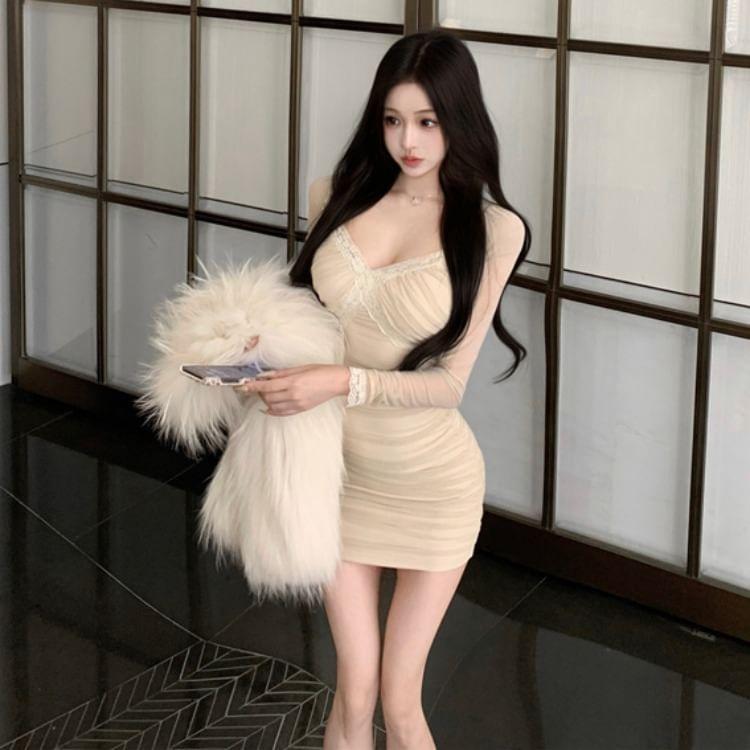 Long-Sleeve V-Neck Lace Mini Bodycon Dress Product Image